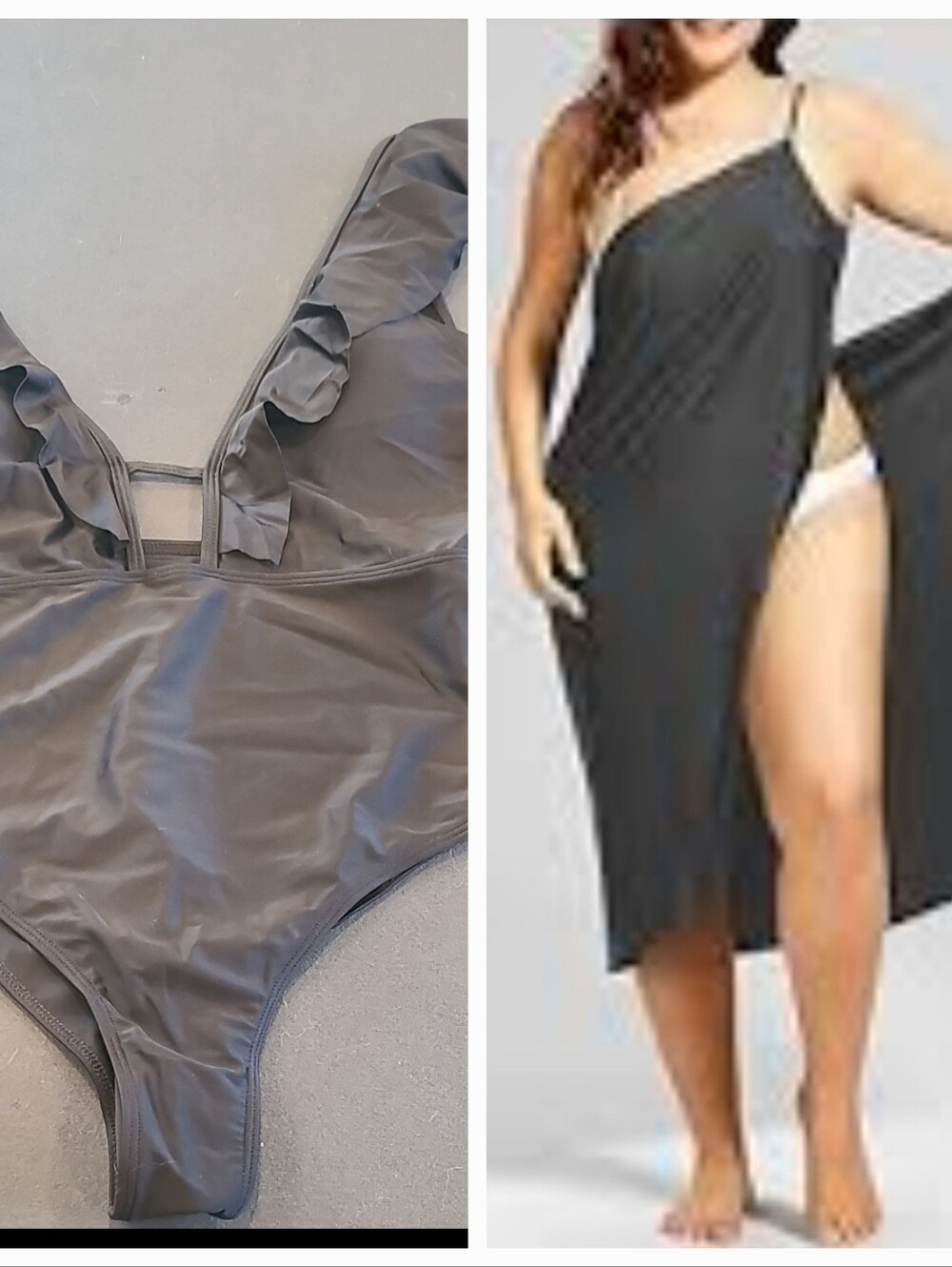 Ruffled Deep V 1 Piece Swimsuit Black. With Swim Cover   Xl